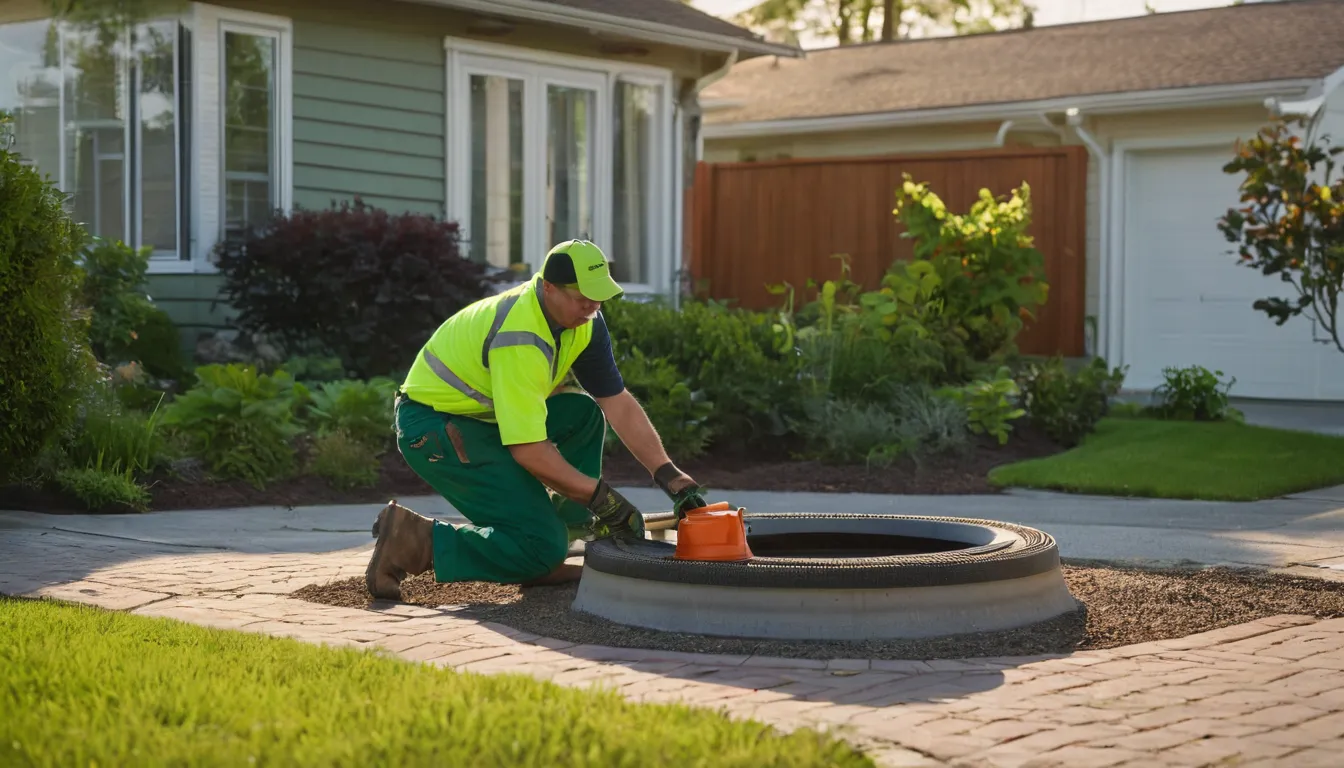 Provider inspecting a septic tank lid in a green yard in Douglasville