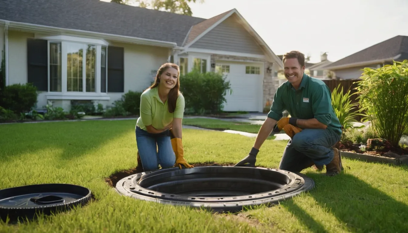 Septic provider inspecting a tank lid in a residential backyard in the Douglasville area