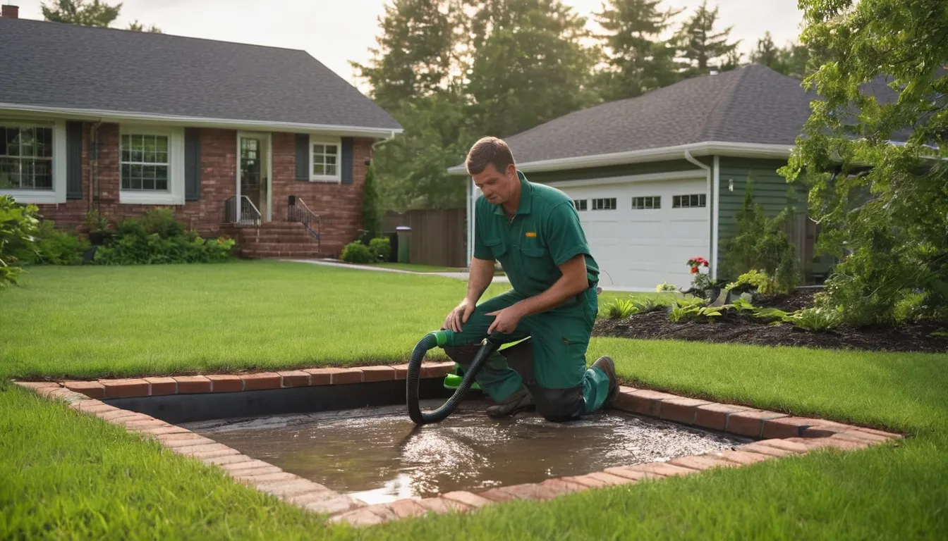 Septic tank pumping truck parked beside a lawn in the Douglasville area while a provider checks the tank lid